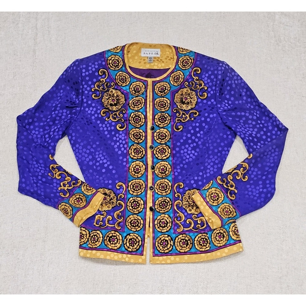 EUC VTG ADRIANNA PAPELL Vivid Silk Jacket Baroque Scroll Print Women's Sz 6